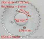 32 Teeth Rear Sprocket Rb For 420 Chain, Bolt Pattern 4, Diablo Chopper TPGS-302. Fixed Price $24.63.